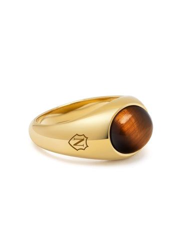 Nialaya Men's Ring Gold Oval Signet Ring with Brown Tiger Eye